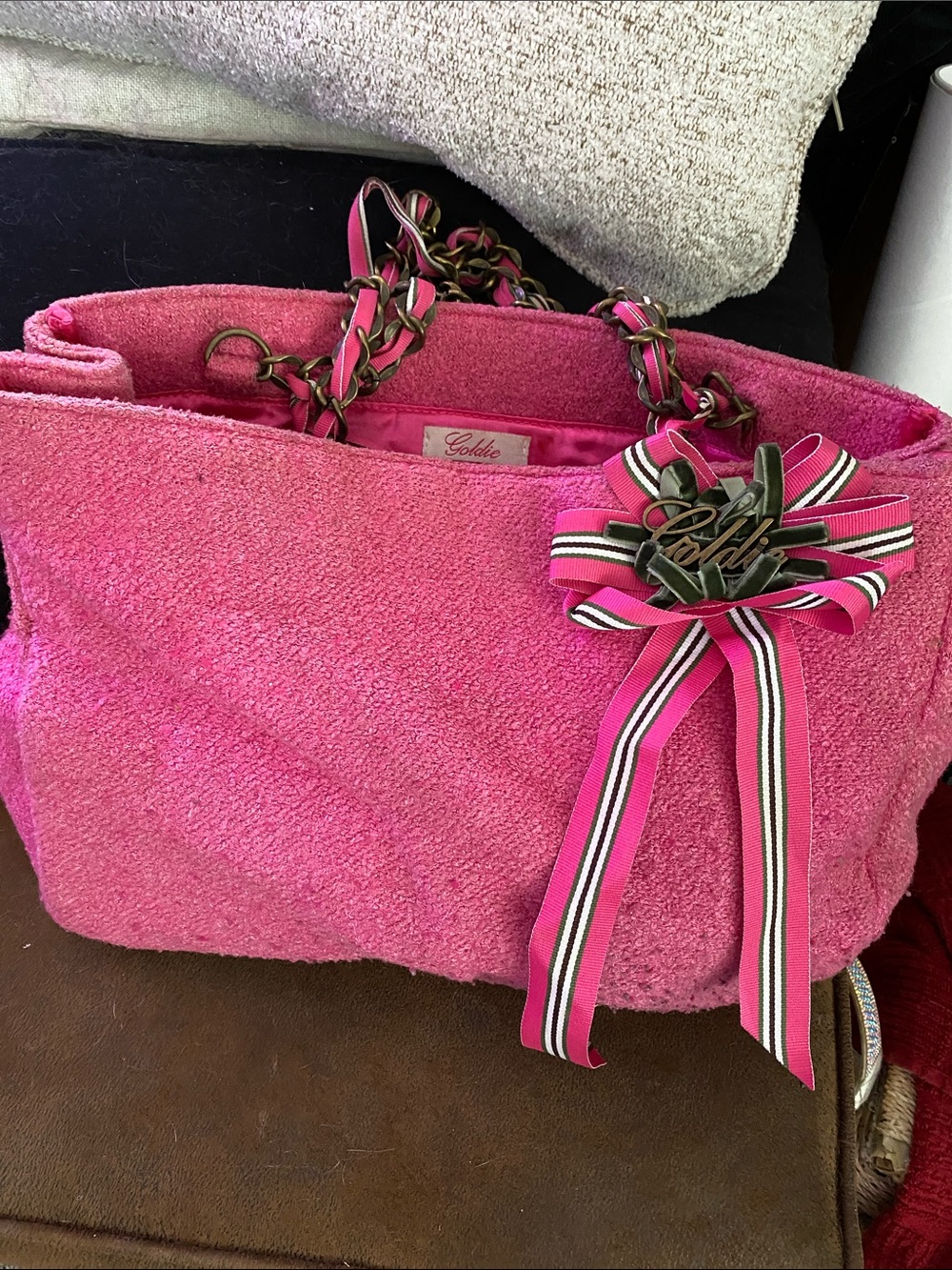 Goldie Bright Pink Plush Tote with Ribbon Charm